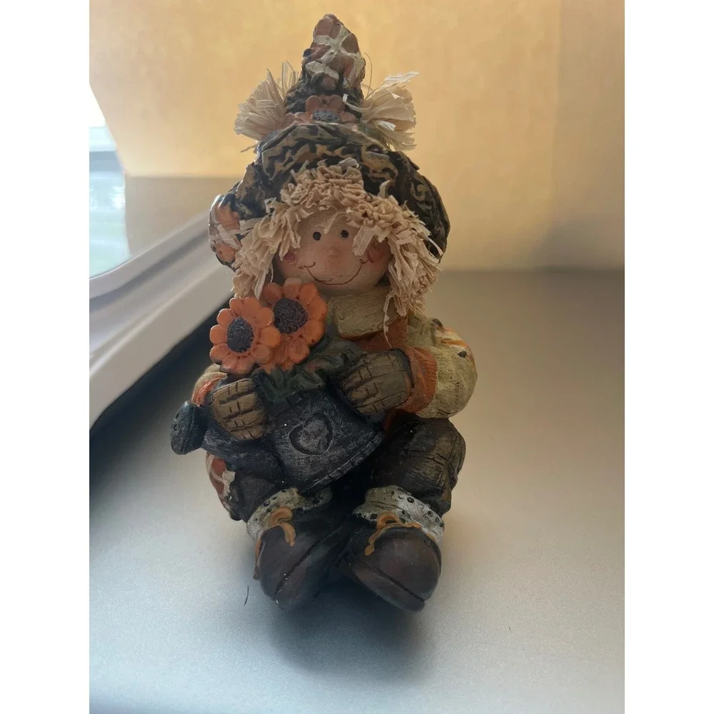 Harvest Scarecrow Figurine Sunflowers Watering Can Fall Decor Resin 4 Inch